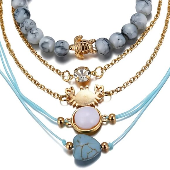 🍒2/$25 NATURAL Stone Charm 🦀 Crab Turntle Heart CZ Pendant Bracelet Set of 5 - Picture 3 of 9